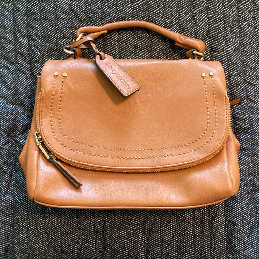 Tan Faux Leather Top Handle Bag